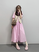 夏季韩系显瘦气质遮肚子减龄甜美通勤粉色中袖连衣裙马甲两件