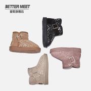 bettermeet冬季真皮女童雪地，靴豹纹儿童，保暖棉鞋防水防滑短靴子