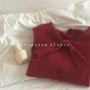 韩国秋冬红色大蝴蝶结翻领，针织衫女羊绒，软糯宽松休闲套头毛衣