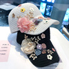 帽子女韩版潮夏季蕾丝花朵鸭舌帽时尚带钻防晒镂空遮阳帽白色凉帽
