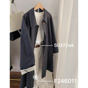 f246128袖子格纹卷边气质灰蓝色系，水洗棉风衣外套女2024春