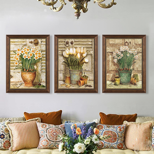 美式复古装饰画植物花卉三联客厅，沙发高级感挂画欧式餐厅组合壁画