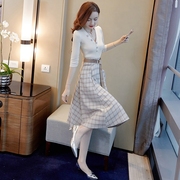 韩版名媛淑女气质针织两件套装裙过膝优雅洋气女神连衣裙格子裙