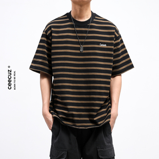 Ceecuz 310G廓形复古多彩条纹T恤男夏季美式宽松潮流体恤半袖