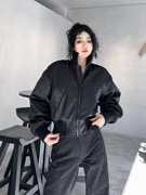 黑色拉链棉服外套，女2023年冬季短上衣宽松休闲时尚气质潮