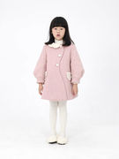 韩版女童粉色呢大衣2023女童风衣冬装洋气儿童中长款毛呢外套