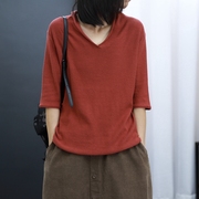 2023秋季韩版女装宽松显瘦中袖V领套头针织衫五分袖打底毛衣