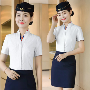 2024春夏职业空乘衬衫女士，修身气质空姐，面试v领短袖衬衣白色上衣