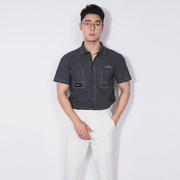 川泽男士短袖衬衫韩版棉质修身条纹尖领青年日常基础款字母衬衣潮