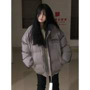 灰色三条杠拼接羽绒服女冬季棉袄加厚oversize保暖美式复古棉服潮