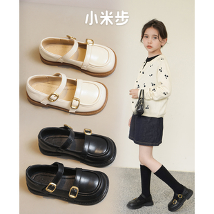 小米步女童小皮鞋儿童公主鞋，2024春秋乐福鞋，黑色鞋子夏款单鞋