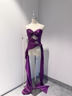 *葡萄紫3.0缎面绒飘带系带重工轻奢背心巨显白褶皱抹胸上衣
