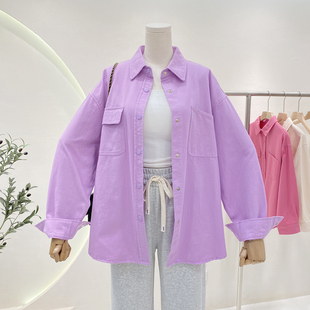 口袋紫色衬衫女2023春秋时尚宽松韩版慵懒风设计感衬衣外套