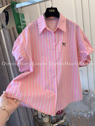 DHR 超好看粉色条纹蝴蝶结短袖泡泡袖衬衫宽松小个子韩系chic上衣