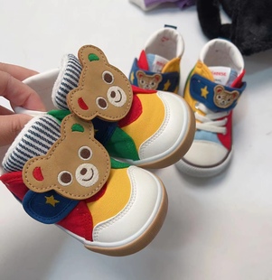 miki男女童二段普奇熊鞋子 拼色儿童学步鞋四季款吸汗帆布鞋