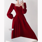 金丝绒连衣裙女秋冬季装高贵红色订婚结婚礼服洋气法式长袖裙