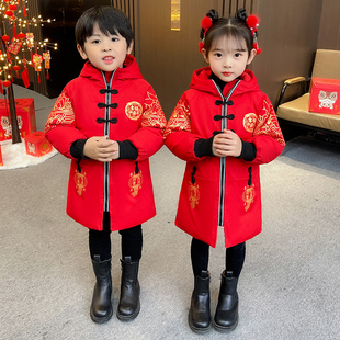 男女童唐装棉服儿童中国风冬季红色棉衣宝宝过年中长款国潮拜年服