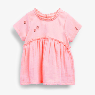 女童粉红色短袖t恤宝宝，纯棉绣花夏装儿童韩版娃娃衫蕾丝立领上衣8
