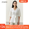 amii2023夏法式(夏法式)雪纺衫女喇叭，袖v领白色，衬衫设计感配腰带上衣