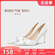 suni法式蝴蝶结婚鞋女细跟白色蕾丝伴娘高跟鞋，主婚纱结婚新娘鞋