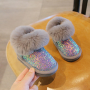 冬季儿童棉鞋防滑1-3岁兔毛亮片，女宝宝加绒加厚女童雪地靴公主鞋