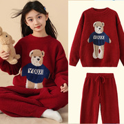 女童睡衣秋冬款半边绒分体两件套加厚保暖中大童儿童母女红色韩版