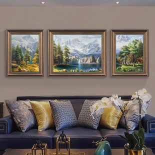 美式客厅装饰画沙发背景墙，复古三联画风景，油画欧式挂画聚宝盆壁画