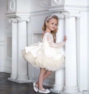 高端儿童礼服白色演出服女童长袖蕾丝亮片生日礼服宝宝公主蓬蓬裙
