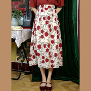 无人区玫瑰~法式复古秋季高腰宽松梨形身材，显瘦中长款花色半身裙
