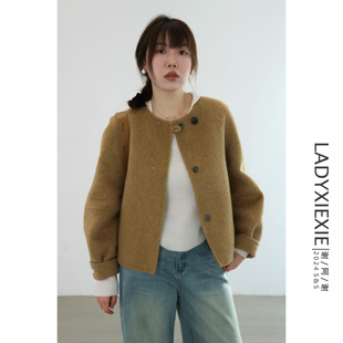 LADYXIEXIE 韩系超好看圆领双面羊绒大衣女短款小个子双面呢外套