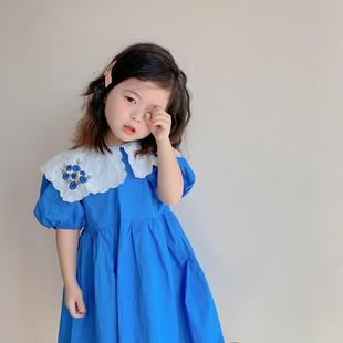 女童裙子洋气夏季短袖，薄款蓝色翻领连衣裙，2023年夏装泡泡袖公主裙