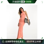 香港直邮潮奢asos女士设计高领，长款罗纹缝线橙色连衣裙