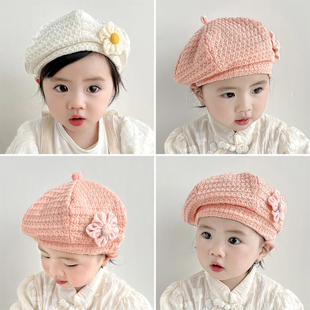 网红婴儿贝雷帽可爱超萌春秋女孩洋气韩版公主蕾丝宝宝花朵薄款潮