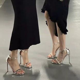 凉鞋女银色一字带绝美2024年夏季法式时装百搭黑色细跟高跟鞋