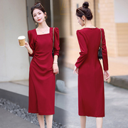 秋季中长裙长款女装打底裙子，到3035多40优雅气质黑色红色连衣裙
