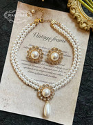 欧美宫廷vintage复古气质水滴，珍珠圆形闪钻双层短款项链锁骨链女