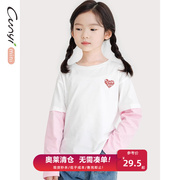 纯一良品童装女童长袖T恤2023春秋中小童甜美粉色拼接袖上衣