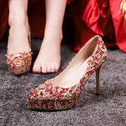 中式红色11m高跟防水台细跟婚鞋女秀禾鞋新娘鞋铆钉结婚单鞋