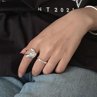 个性海豚戒指女复古时尚s925银嘻哈不规则，开口指环创意摇滚食指戒