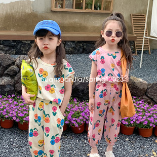 韩系童装女童背心九分裤，两件套夏季儿童，宽松花朵宝宝姐妹装潮