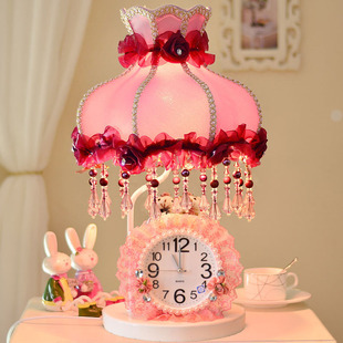 欧式温馨床头灯公主房女孩粉色，钟表浪漫可爱卧室，生日结婚礼物台灯