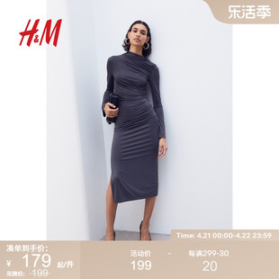 HM女装连衣裙夏季修身长袖优雅气质光泽感裹身裙1205368