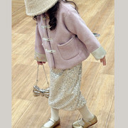 女童新中式复古盘扣大衣2023韩版童装儿童，短款圆领粉色呢子外套