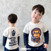 23春秋季日系潮男儿中童装，卡通猴子字母，纯棉假两件套长袖t恤