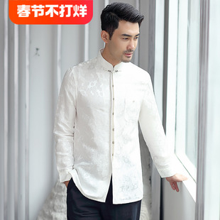 中式唐装男真丝长袖衬衫中国风，复古休闲中山装，男上衣刺绣盘扣唐装