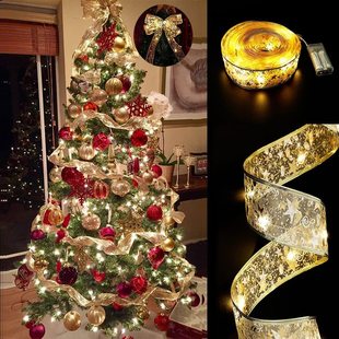圣诞丝带led灯串圣诞节装饰品，圣诞树装饰挂件圣诞球烫金双层彩带