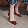 2023红色婚鞋珍珠方头法式复古优雅气质高跟鞋女细跟浅口单鞋