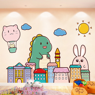 儿童房贴画卡通可爱恐龙男孩卧室，墙面装饰墙纸自粘宝宝房间墙贴纸