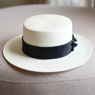日本纸草白色平顶平沿遮阳帽子带蝴蝶结，女士草帽防晒英伦逛街