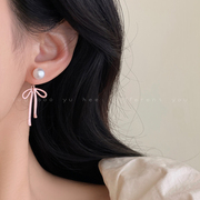 法式珍珠粉色蝴蝶结后挂式耳钉，女小众设计感独特耳环可爱甜美耳饰